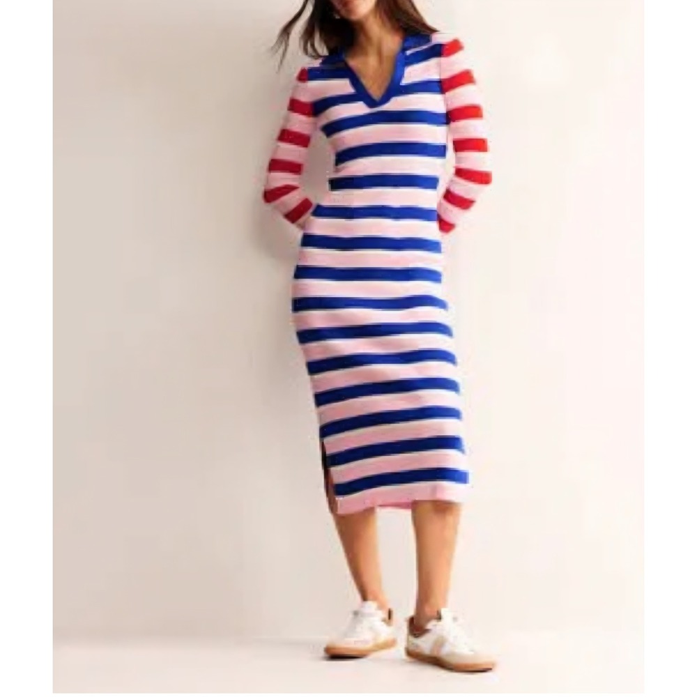 Boden Womens Striped Ribbed Knit Polo Midi Dress Blue Pink Red US 6R